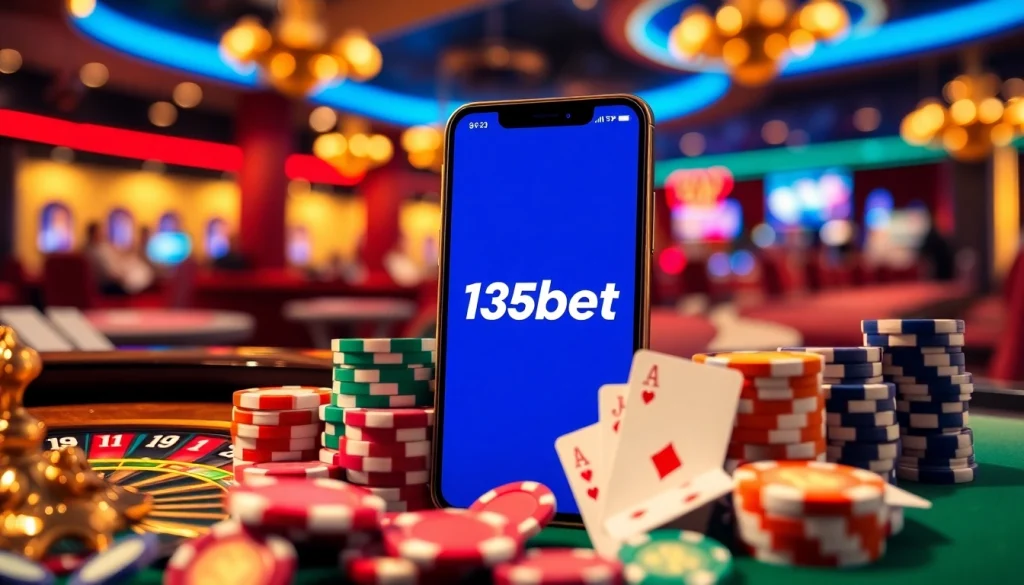Experience the excitement of gambling with the 136bet App showcased in a vibrant casino setting.