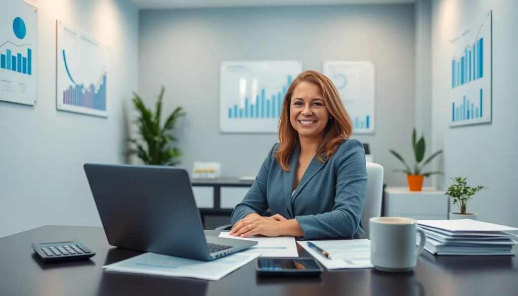 Biuro rachunkowe dla firmy budowlanej z udziałem profesjonalnego księgowego Marzeny Owczarzak przy nowoczesnym biurku.