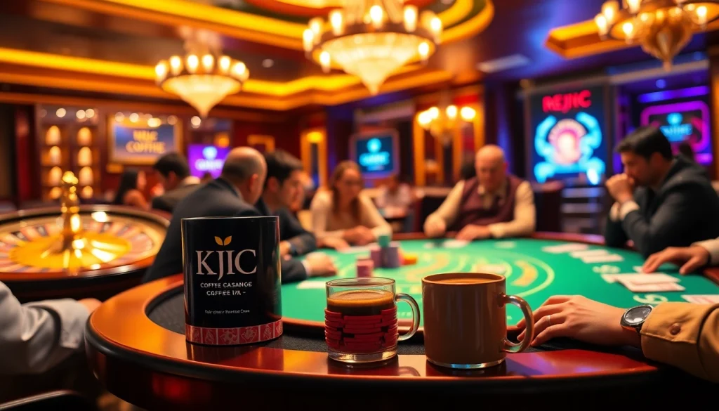 KJC coffee enhances the luxurious ambiance of a thrilling casino poker game.