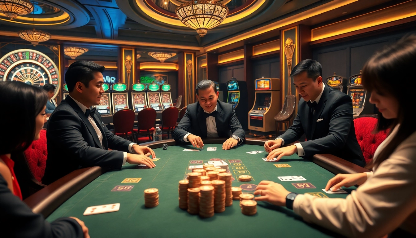 Experience the thrill of Liên minh KJC with players at a luxury casino table, showcasing excitement and strategy.