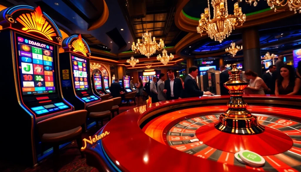 A thrilling doaslot casino scene featuring a dazzling slot machine and poker enthusiasts.