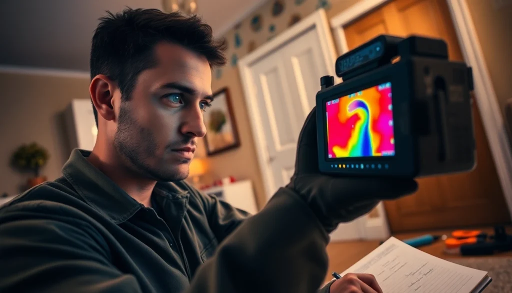 Central heating hidden leak detection by a technician using thermal imaging.