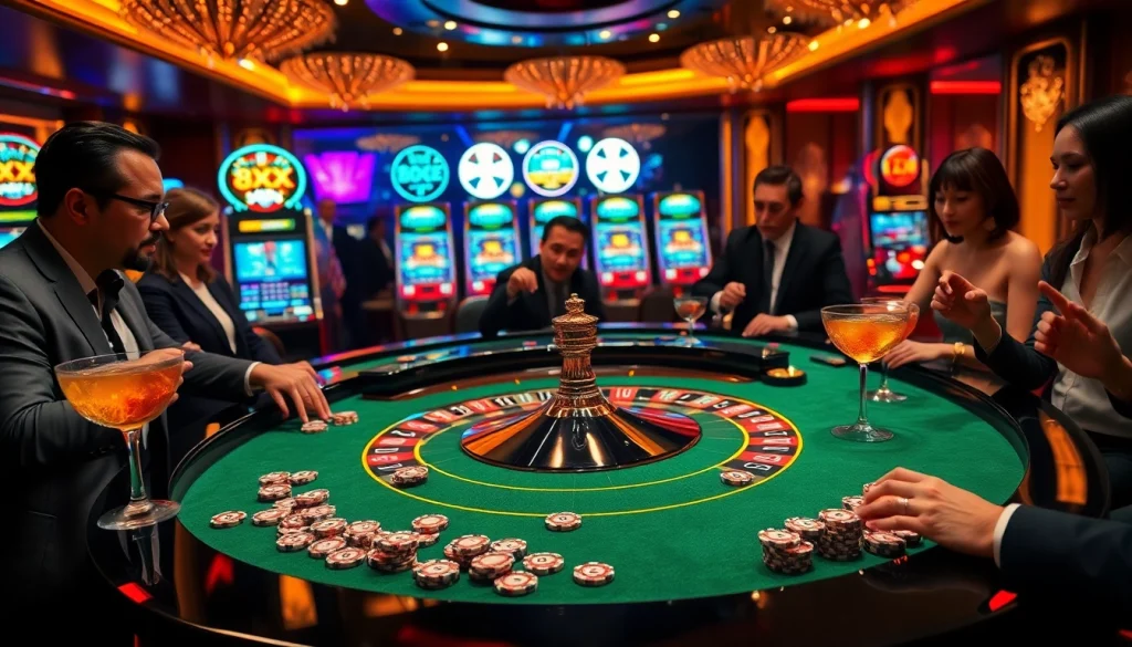Experience high-stakes action at a luxurious casino with 8XX roulette and vibrant slot machines.