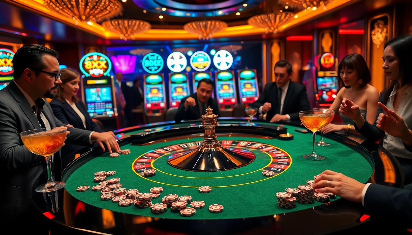 Experience high-stakes action at a luxurious casino with 8XX roulette and vibrant slot machines.