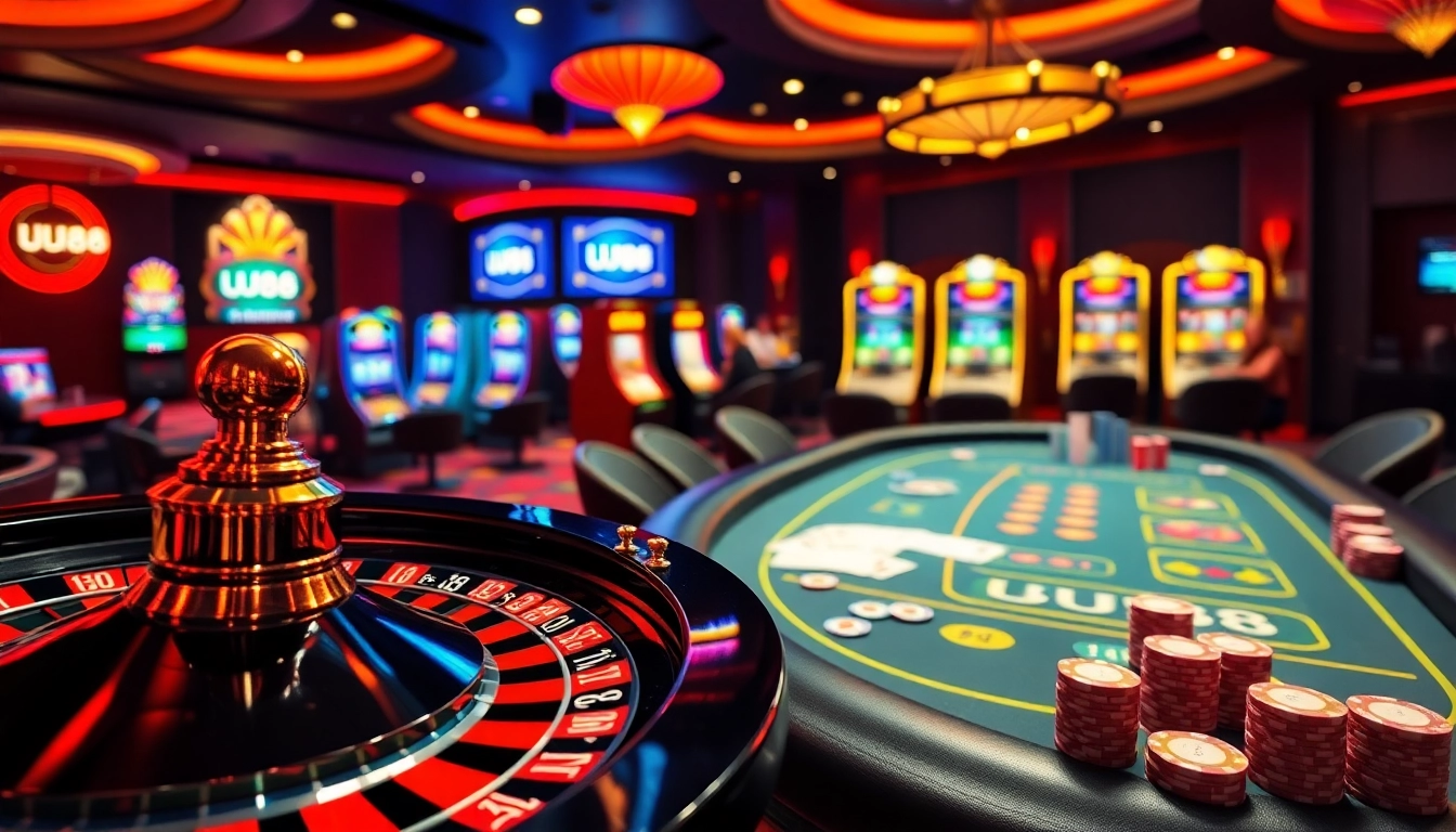 Experience thrilling gaming excitement at UU88 with dynamic casino scenes of poker and roulette.