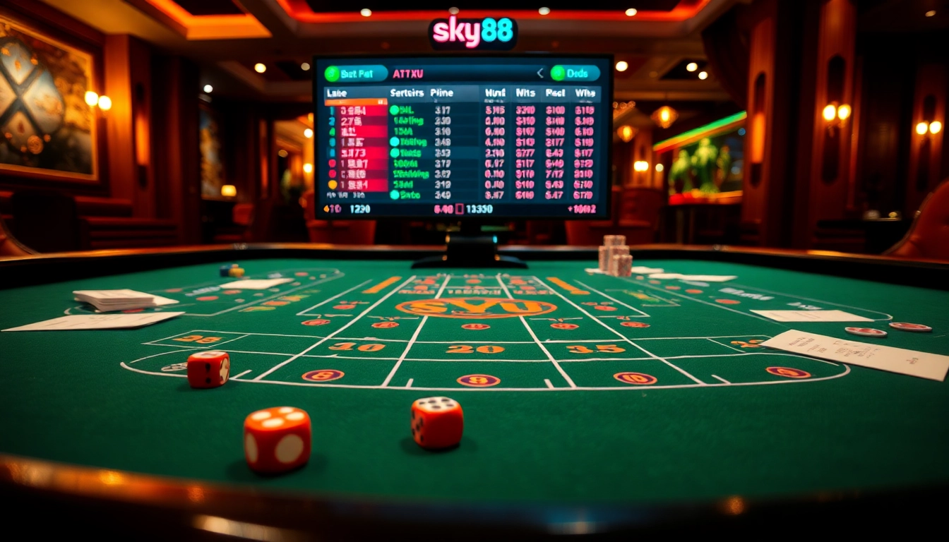 Engage in thrilling sky88 tài xỉu gameplay with vibrant dice, sleek gaming table, and live betting excitement.