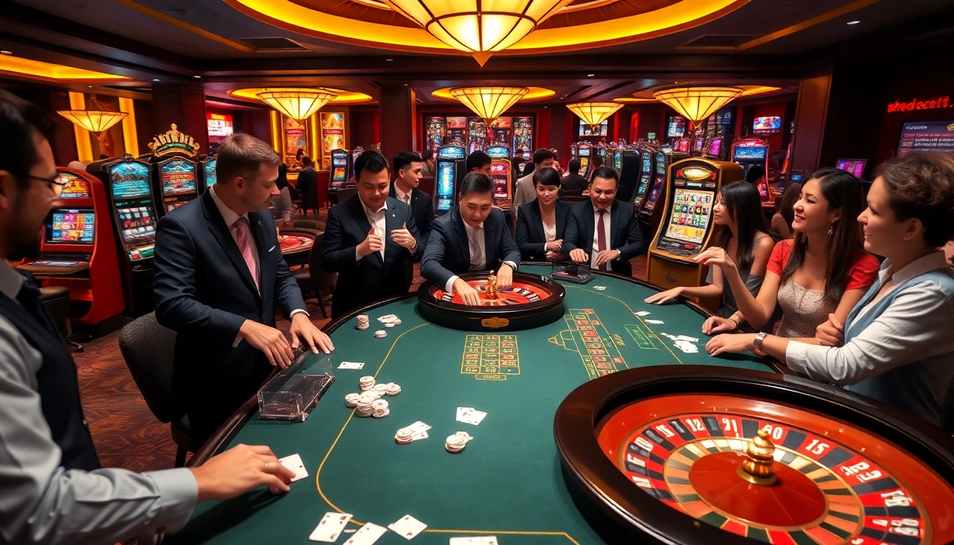 THABET casino scene with vibrant tables, poker chips, and lively players enjoying gambling.