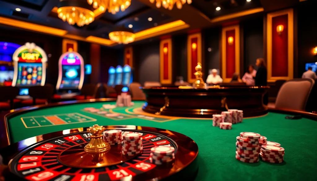 Experience a thrilling casino atmosphere at USBET with vibrant tables and engaging gameplay.