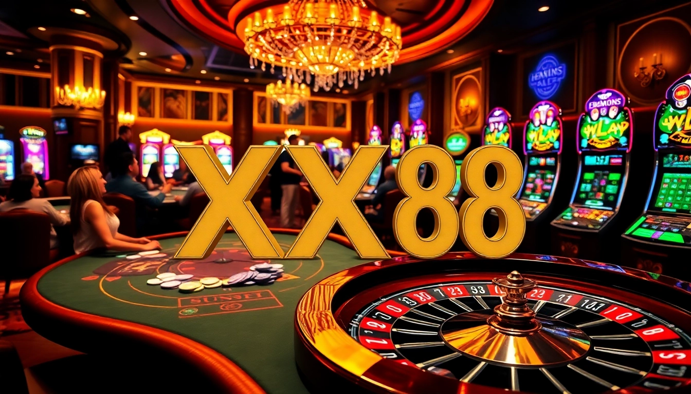Players enjoying thrilling games at XX88 casino with vibrant poker tables and roulette wheels.
