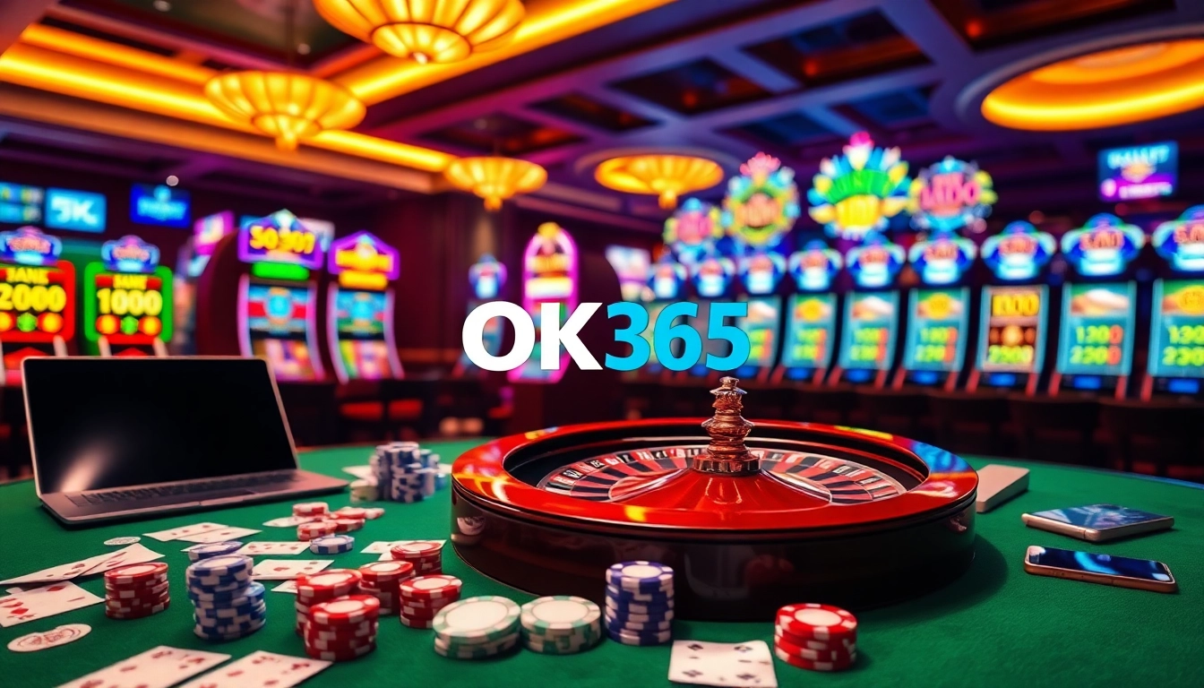 Engaging online gambling experience at Nhà cái OK365 with poker chips and roulette wheel.