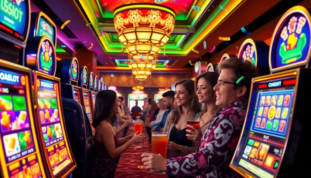 Exciting scene of players enjoying the doaslot slot in a vibrant casino environment, evoking luxury and fun.