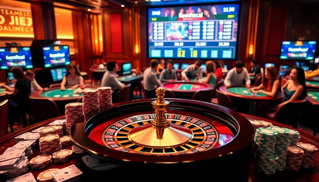 Dynamic online gambling scene featuring keonhacai betting odds, poker chips, and casino tables.