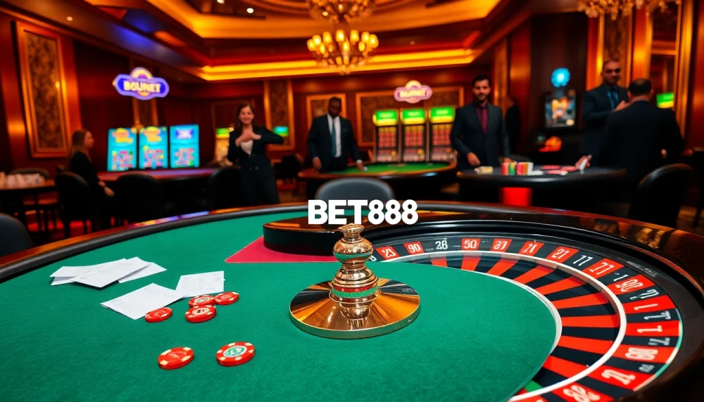 Players enjoy an exciting session at the BET88 poker table with vibrant chips and roulette.