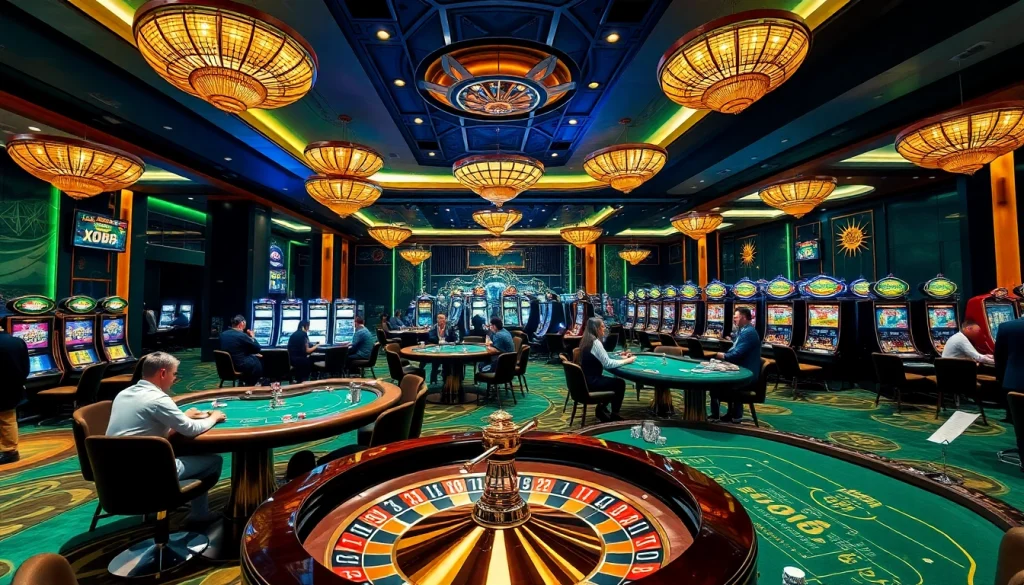 Players enjoying the thrill at XX88 casino tables with poker chips and vibrant slot machines.