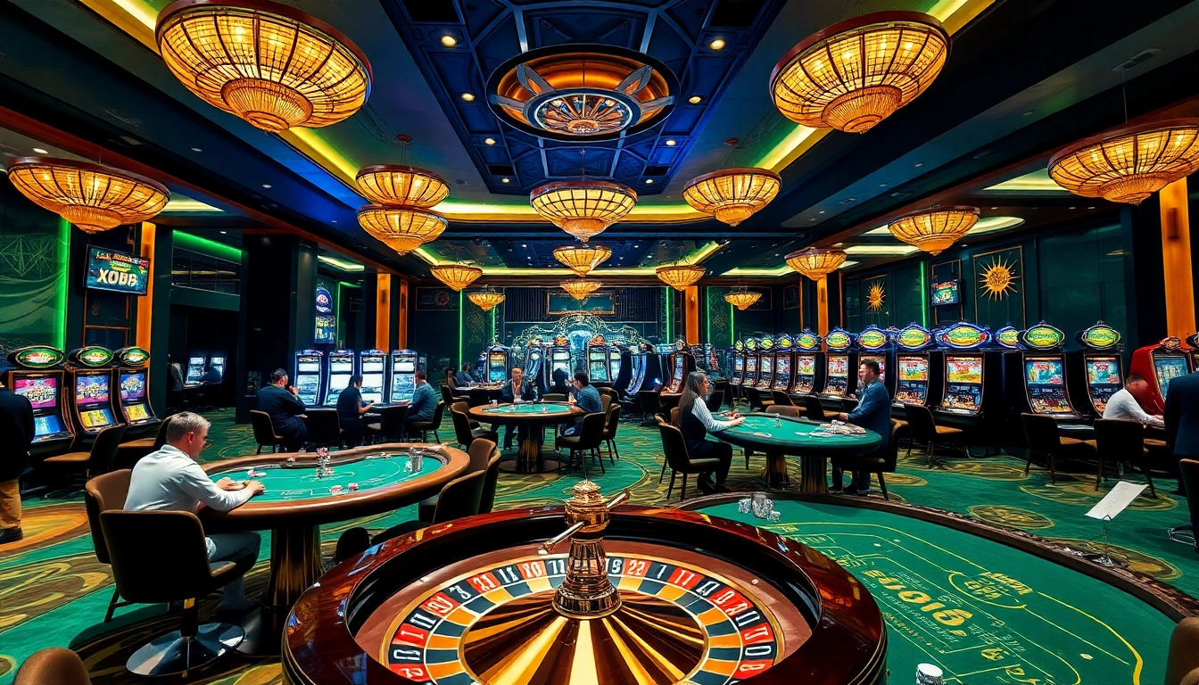 Players enjoying the thrill at XX88 casino tables with poker chips and vibrant slot machines.