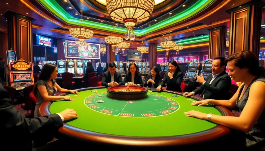 SBOBET players enjoying poker in a luxurious casino atmosphere filled with excitement and vibrant colors.