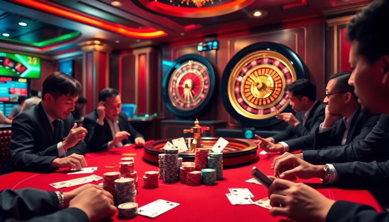 Players enjoy an exciting game of poker at VA88, featuring vibrant casino elements.
