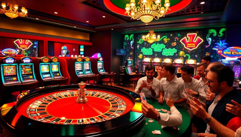 A lively casino scene at 11win.best featuring a roulette table, poker players, and colorful slot machines, exuding excitement.
