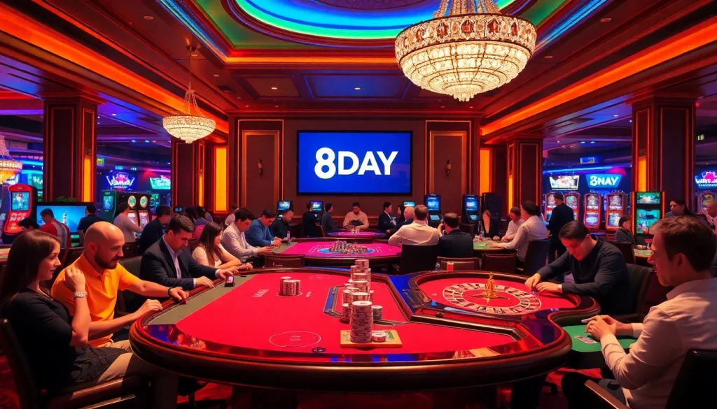 Engaged players at the luxurious 8DAY casino, enjoying high-stakes poker and roulette in an elegant setting.