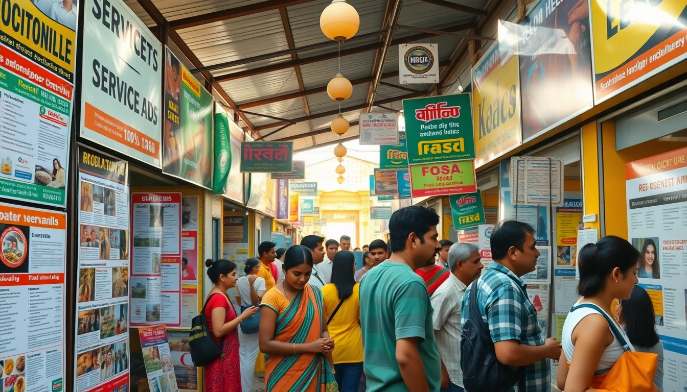 Lanka Add advertisements showcased in a lively Sri Lankan marketplace with colorful stalls and a vibrant atmosphere.