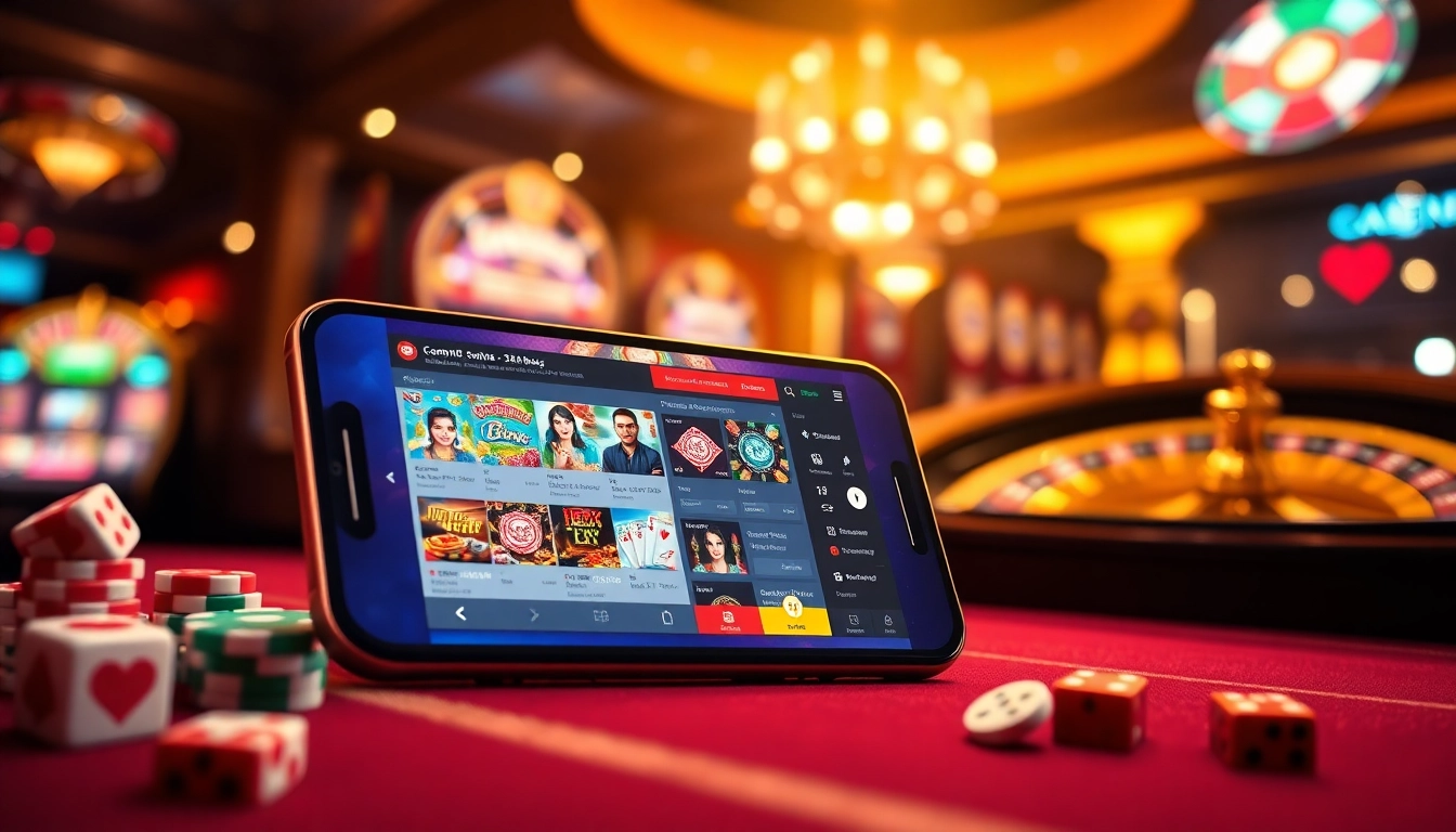 Engage with the thrilling 333bet App showcasing interactive casino action on a smartphone amidst vibrant casino elements.