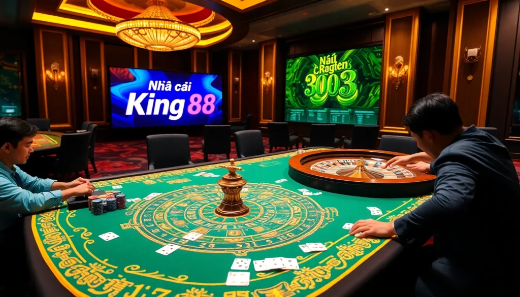 Engaging players at Nhà cái King88's luxurious casino, featuring poker chips and a vibrant roulette wheel.