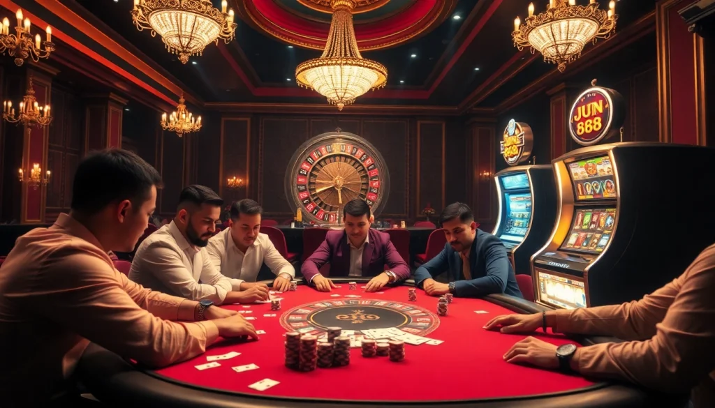 Experience thrilling gameplay at Jun 88 with vibrant casino imagery showcasing poker and roulette.