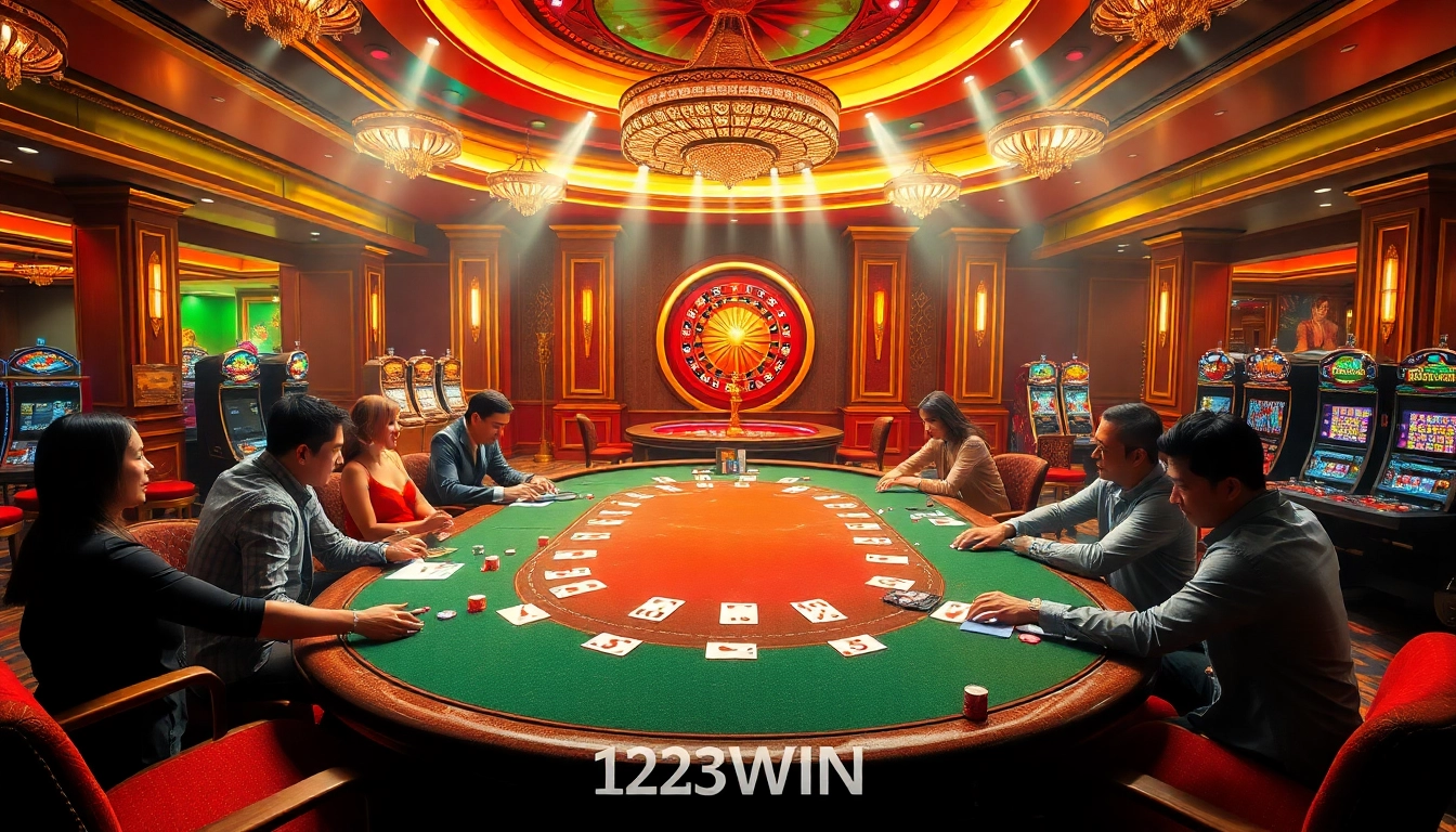 Experience the excitement of nhà cái 123WIN with players engaged in high-stakes card games at a dazzling casino.