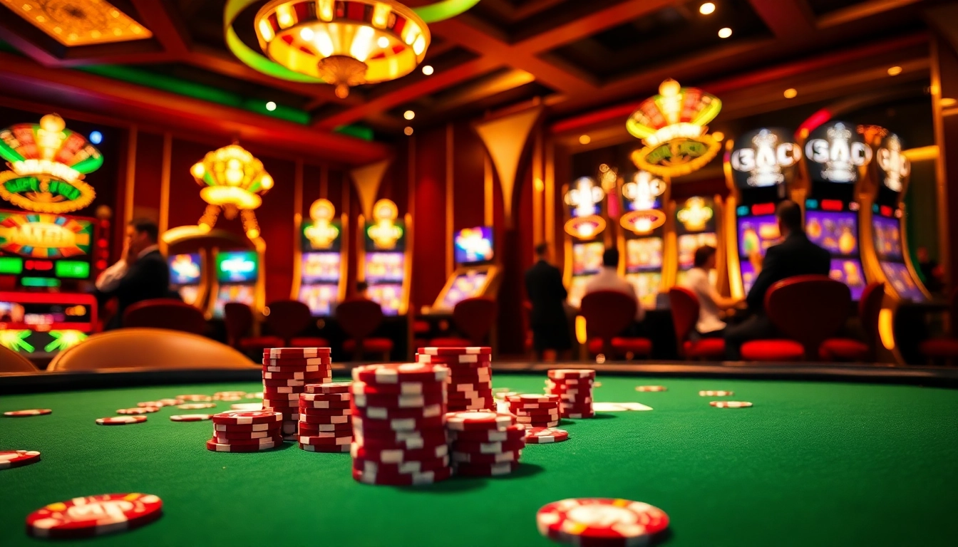 Play exciting poker hands with j88 chips in a luxurious casino setting filled with classic gambling elements.