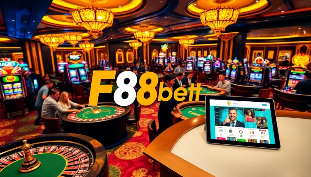 F8bet casino scene with vibrant roulette tables and engaging players in an upscale atmosphere.