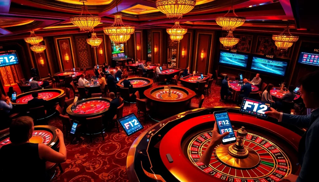 F12 gambling scene featuring players enjoying various games at a luxurious casino environment.