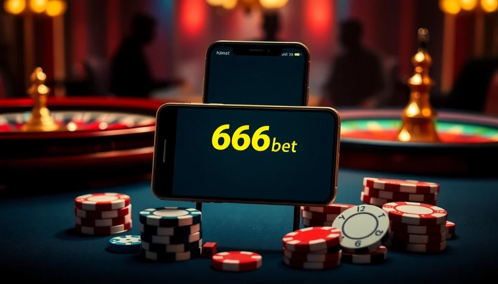 Experience thrilling gameplay with the 6666bet App on a smartphone amidst vibrant casino elements.