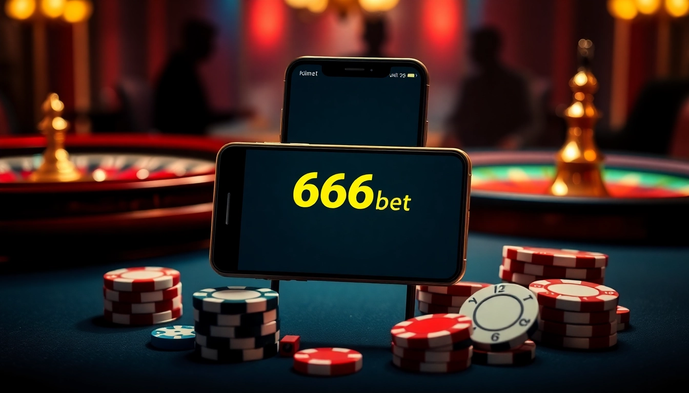 Experience thrilling gameplay with the 6666bet App on a smartphone amidst vibrant casino elements.