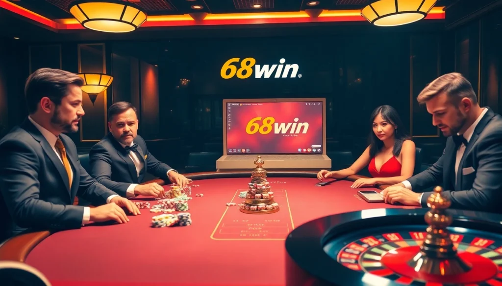Players at a poker table in a luxurious casino setting, experiencing the thrill of 68win games.
