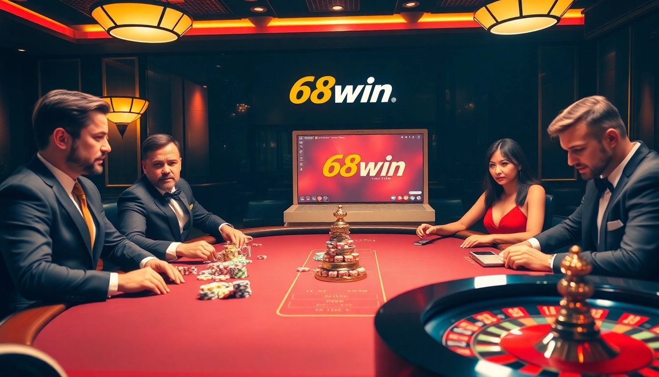 Players at a poker table in a luxurious casino setting, experiencing the thrill of 68win games.