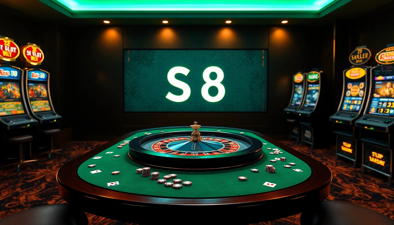 Engaging casino scene with luxurious roulette table and S8 logo, inviting thrilling gambling experiences.