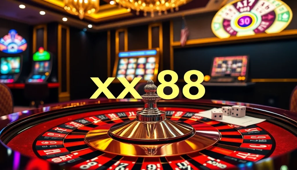 Experience the excitement of xx88 with a vibrant casino atmosphere featuring roulette, dice, and chips.