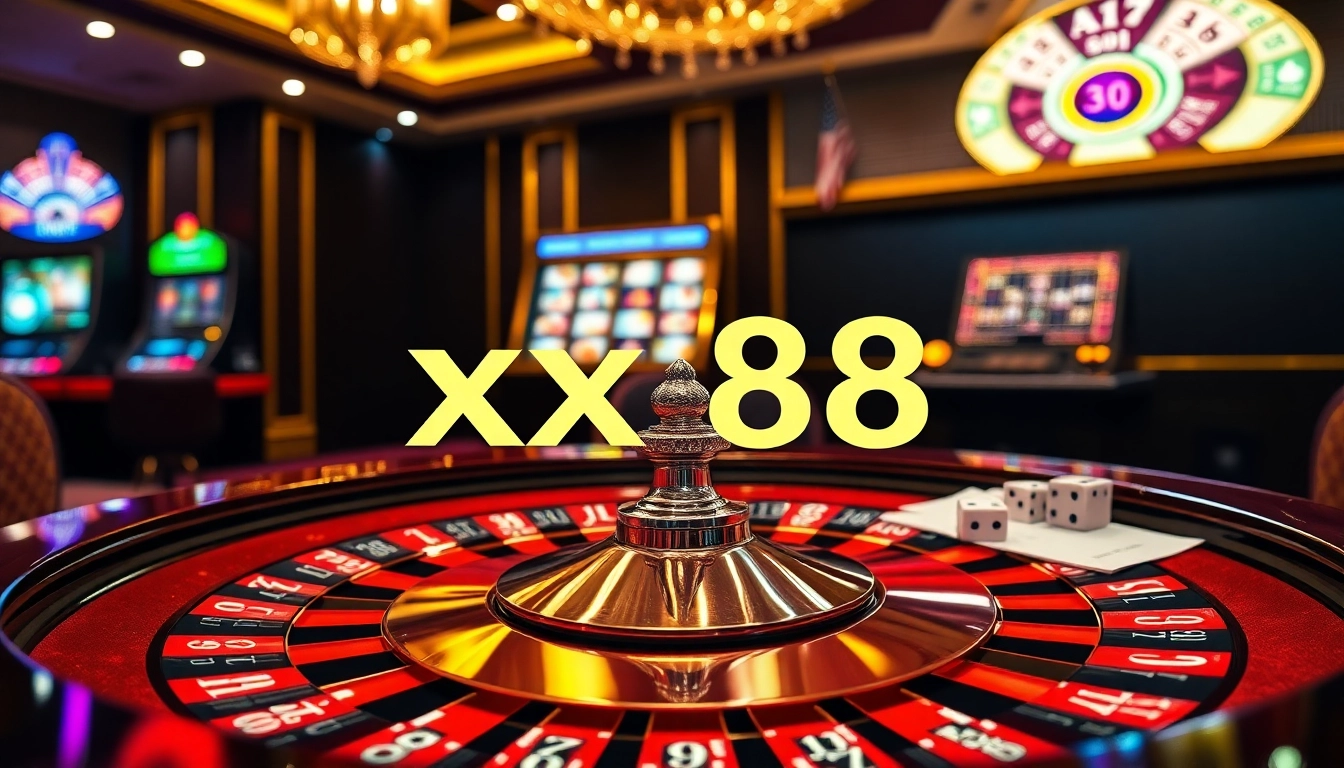 Experience the excitement of xx88 with a vibrant casino atmosphere featuring roulette, dice, and chips.