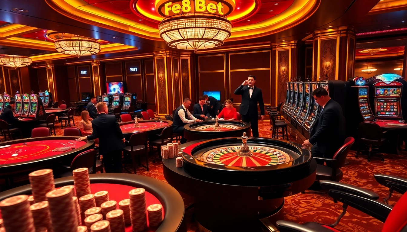 Experience excitement with F8Bet at a luxurious casino featuring vibrant gaming tables.