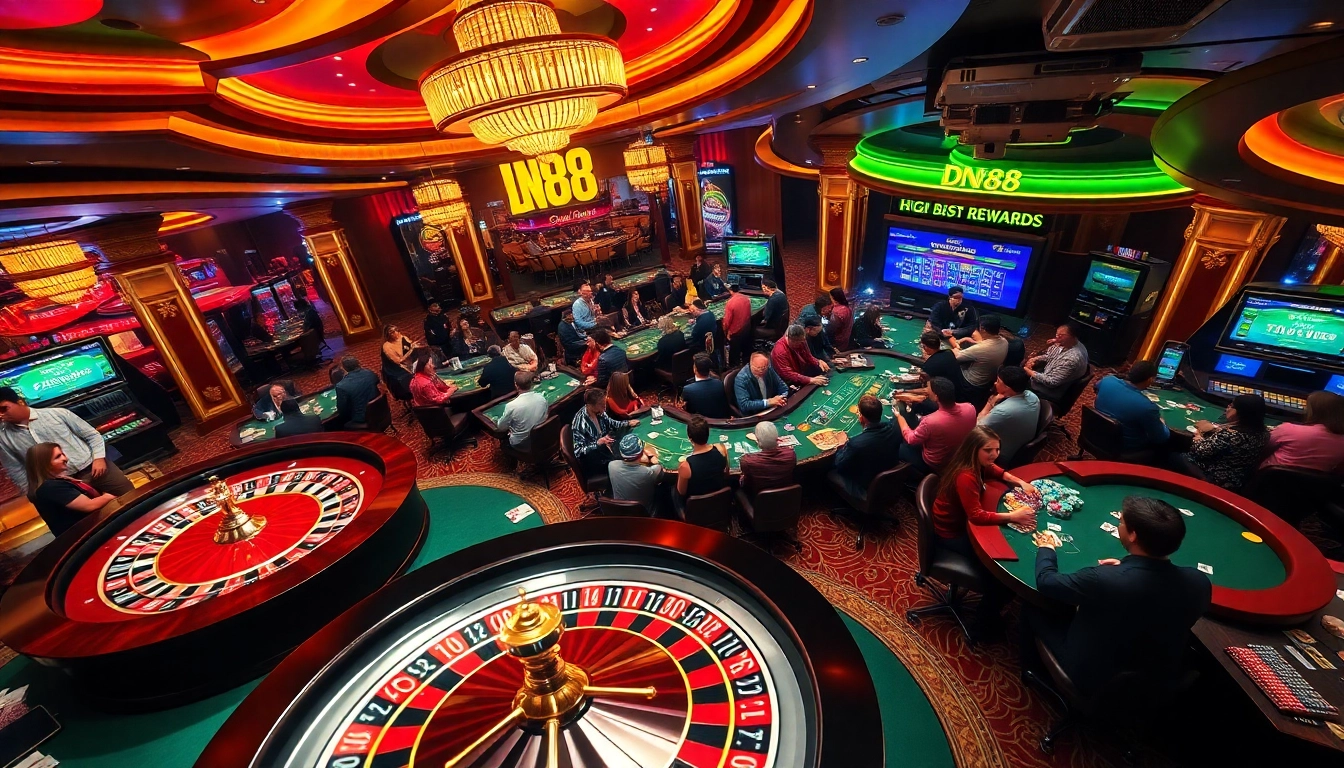 Players engage in thrilling games at a casino showcasing DN88's excitement, luxury, and action.