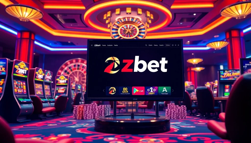 Zbet đăng nhập interface surrounded by slot machines and poker chips in an exciting casino atmosphere.