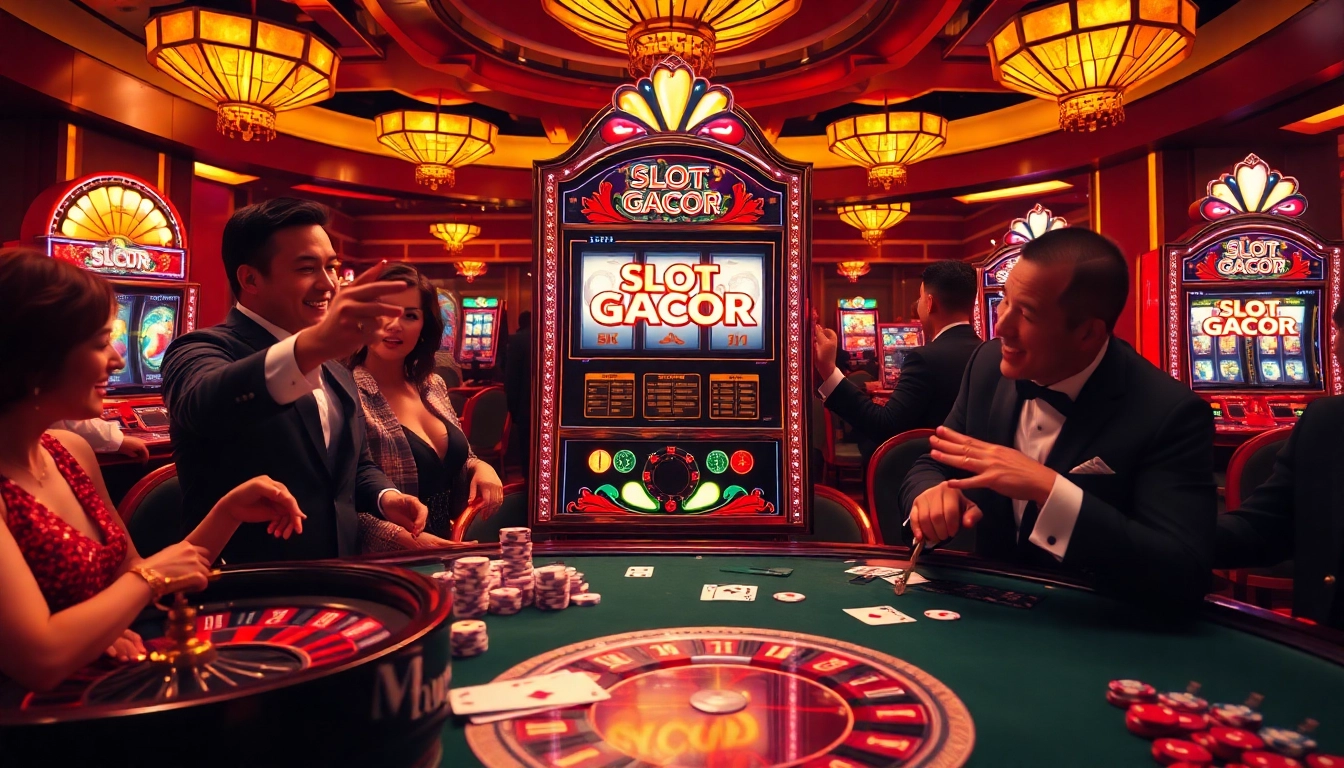 Gamblers enjoying the thrilling experience of Slot Gacor at a luxurious casino machine.