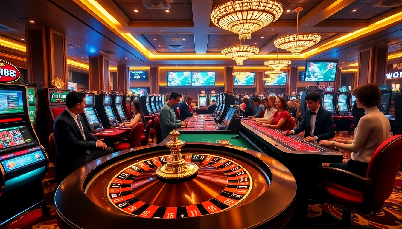 RR88 game enthusiasts engaging with slot machines in a vibrant casino setting.