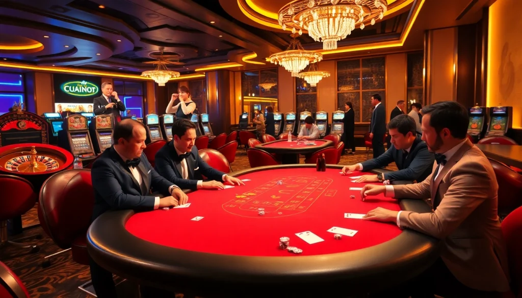 Exciting gambling scene at Nhà cái 99ok with players at a poker table.