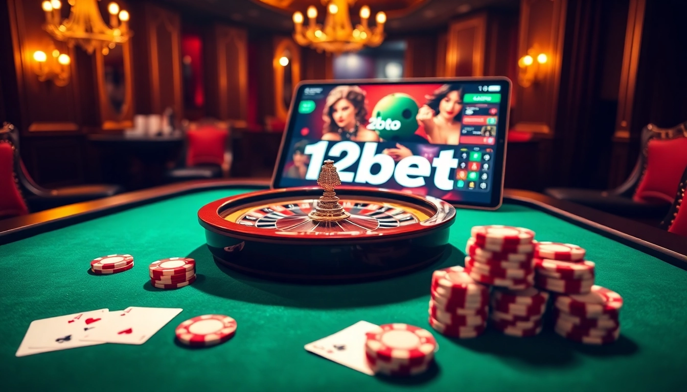 Engaging casino table scene highlighting 12bet with roulette, cards, and poker chips.