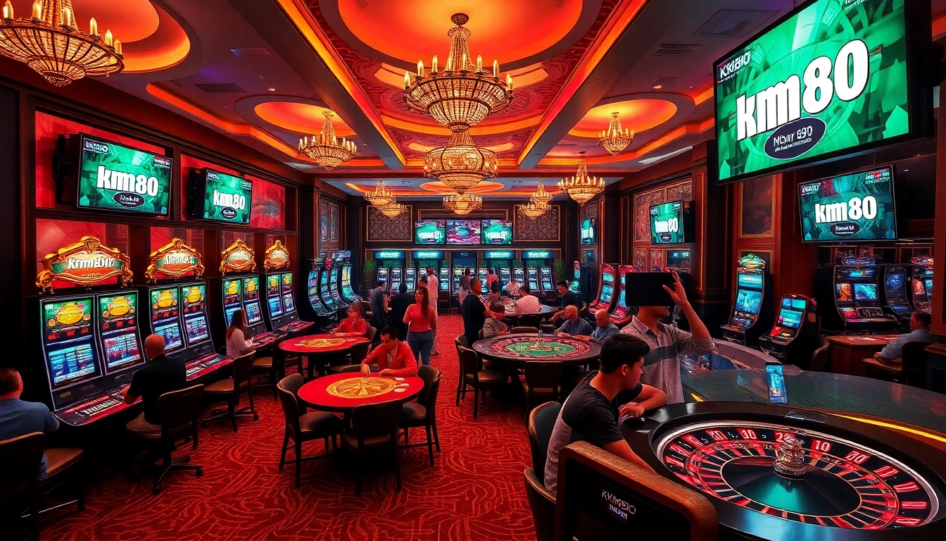 Engaging gamblers at km88 casino, excitement surrounds poker tables and slot machines.