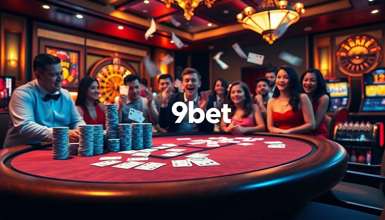 Experience the thrill of gambling at 9bet with vibrant poker tables and exciting gaming atmosphere.