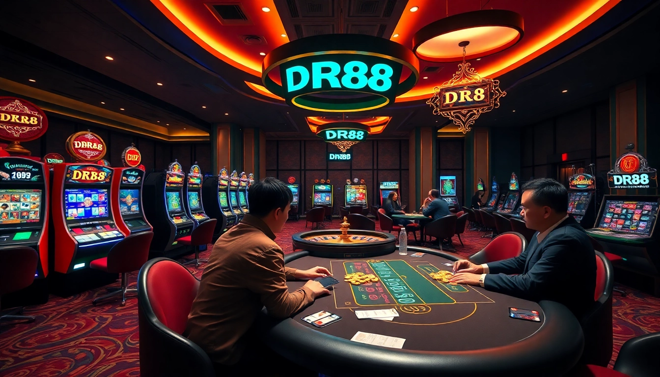 Exciting DR88 online casino atmosphere with engaging players at poker tables and slot machines.