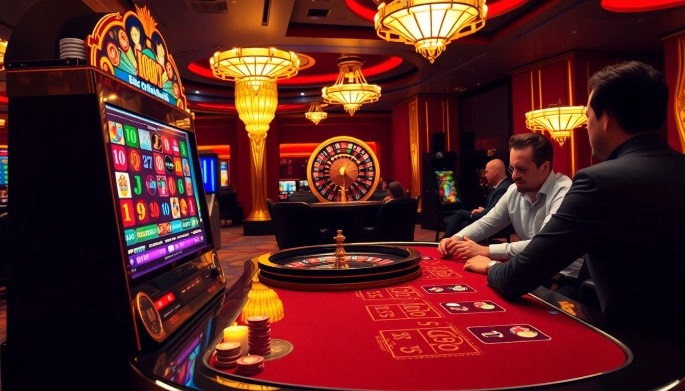 Engaging scene of gambling excitement at nhà cái F8BET with vibrant slot machine and roulette.