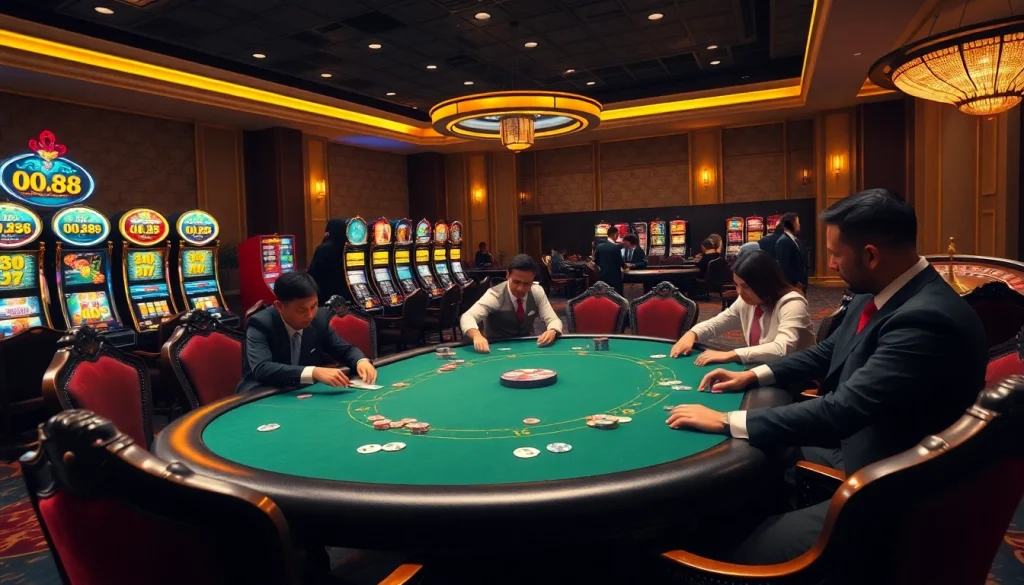 Players enjoying an exciting poker game at QQ88 Casino with vibrant slot machines in the background.